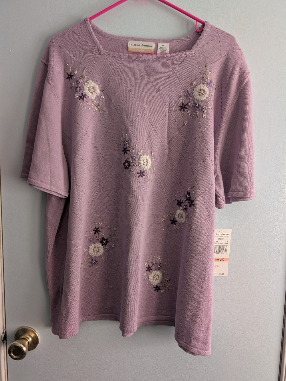 Alfred Dunner Lilac Floral Embroidered Short Sleeve Top